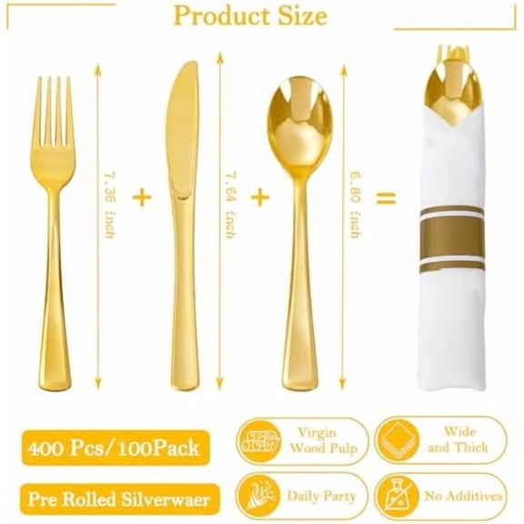 100 Pack Gold Plastic Silverware,Pre Rolled Silverware Set Disposable,Gold Disposable Utensils Includes 100 Plastic Forks Spoons and Knives Set,and 100 Napkins for Wedding,Birthday, Party