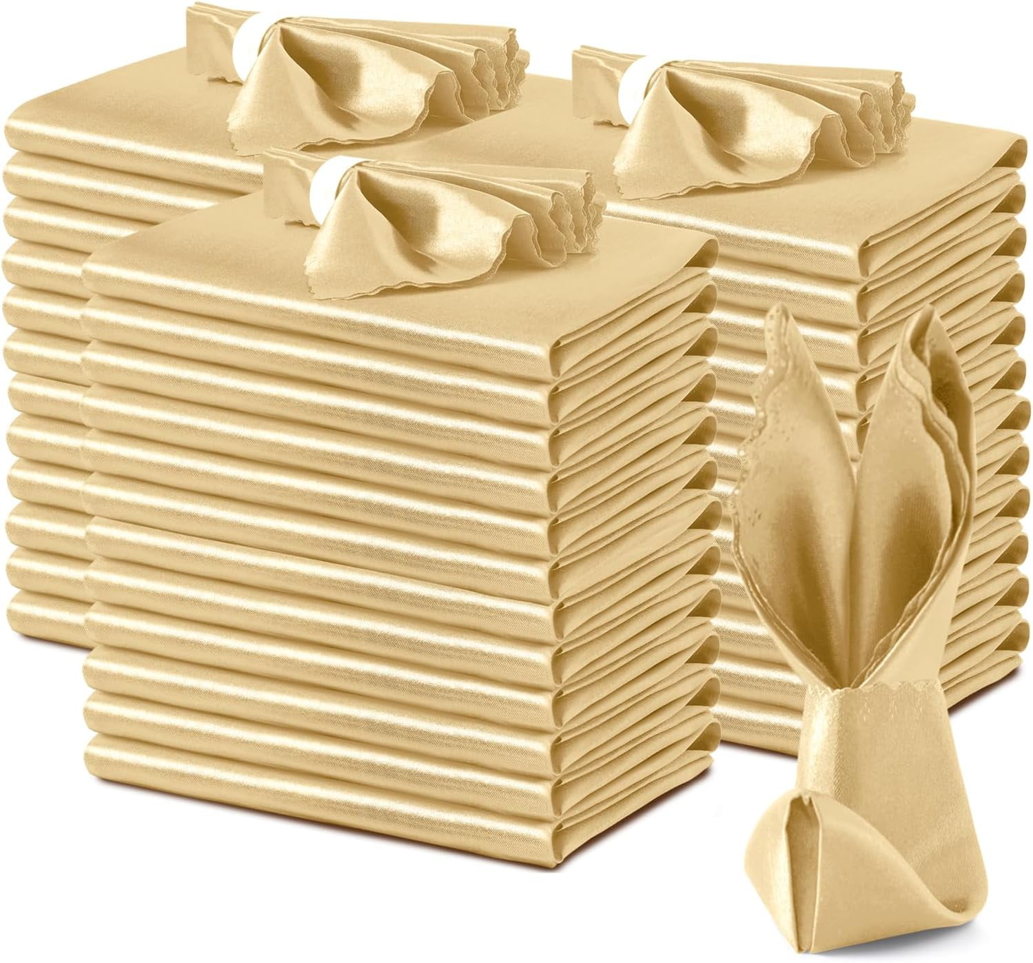 100 Pack Gold Satin Scalloped Square Napkins, 17x17 Inch, Wedding & Party Napkins, Luxury Satin Fabric, Machine Washable