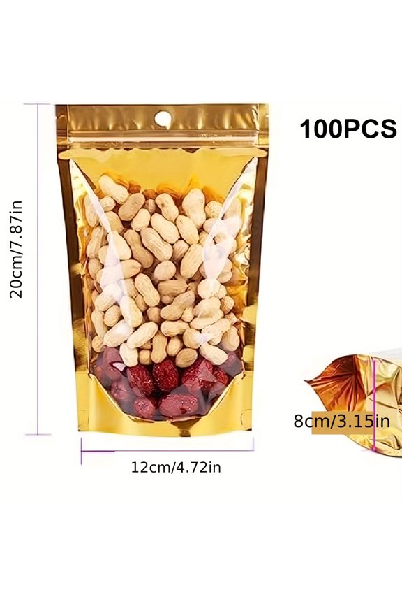100-Pack Golden Aluminum Foil Food Storage Pouches - Reusable Zipper Lock Bags with Hanging Hole, Kitchen Organizer for Snacks & Ingredients