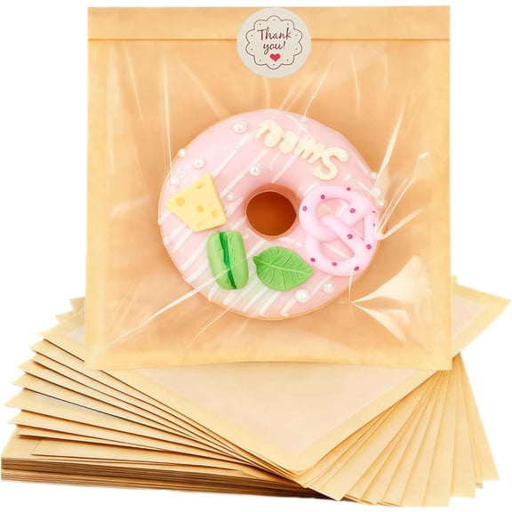 100 Pack Grease Resistant Cookie Bags with Window & Stickers for Packaging | 7.1x7.5 Inch Heat Sealable Small Brown Paper Bakery Bags for Bread, Donut, Pastry