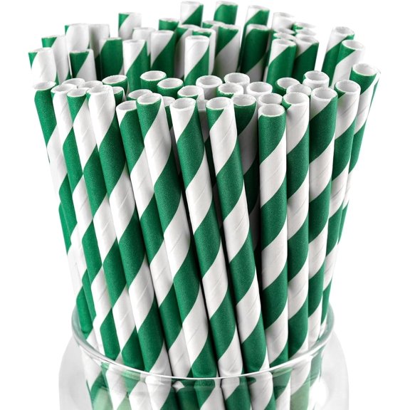 [100 Pack] Green Straws, Disposable Paper Straws Green and White Striped for Cocktails, Milkshake, St. Patrick and Christmas Party (0.24" x 7.75")