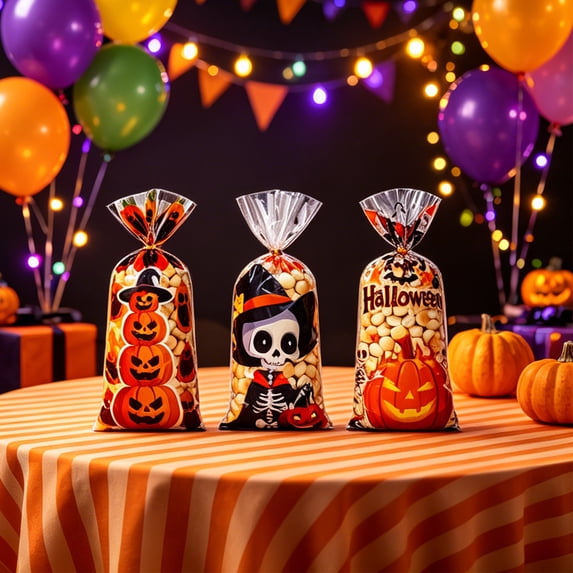 100 Pack Halloween Candy Gift Bags 4.9x10.8 Inch, Pumpkin Ghost Printed Plastic Treat Bags with Drawstring, Holiday Party Favor Bags for Trick or Treating