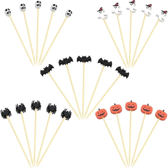 100 Pack Halloween Cocktail Picks, Pumpkin Ghost Spider Bat Skull Disposable Bamboo Fruit Toothpicks, Halloween Party Food Cupcake Appetizer Decorative Picks,3.94*1.38 in.