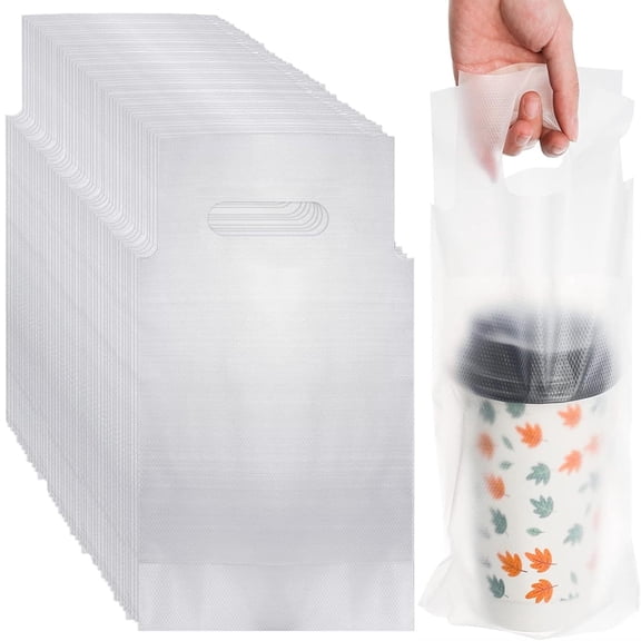 100 Pack Handle Drinking Poly Bags, Clear Cup Carrier with Handle, Plastic Drink Packaging Bags Cup Holder for Delivery, 6"L x 10"H Take Out Hanging Hole Beverage Carrier for Single Cup