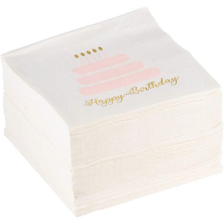 100-Pack Happy Birthday Cocktail Napkins, 3-ply Pink Cake Design Disposable Paper Beverage Napkins for Kids Girl Party Supplies and Decorations, 5 inches Folded, White & Gold Foil