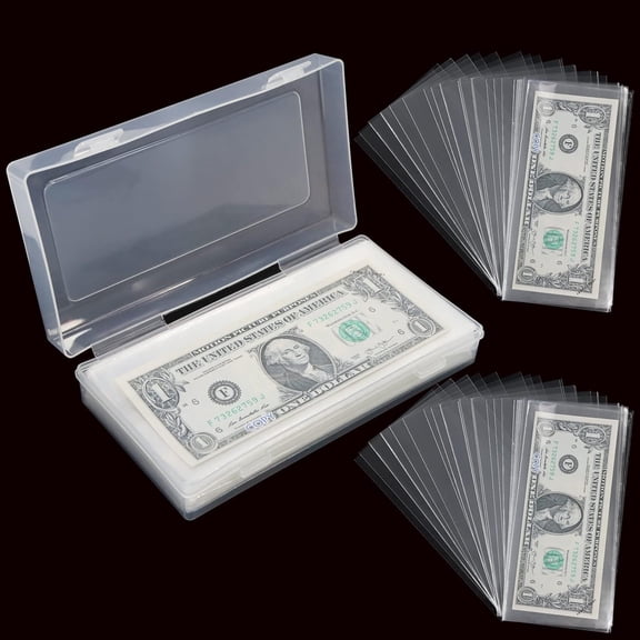 100 Pack Hard Clear Money Holder Set, 6.8''x3.3'' PVC Bill Sleeves with Plastic Storage Box for Banknote Collectors for Stamp & Bill Collection