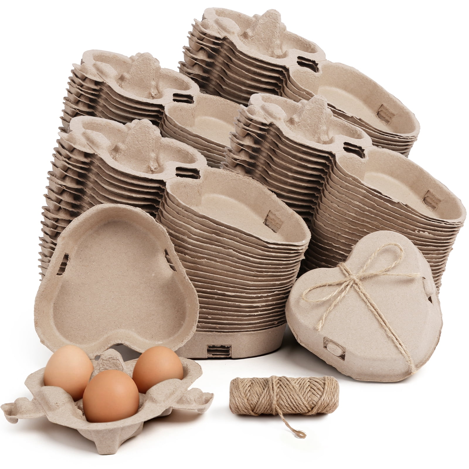 100 Pack Heart-Shaped Egg Cartons, Biodegradable Pulp Fiber Egg Holder Trays for 3 Eggs, Natural Brown Empty Egg Cartons with Jute Twine