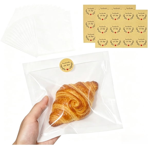 100 Pack Heat Sealable Bakery Bags with Window, 7.1 x 7.5 Inch Kraft Paper Cookie Bags, Grease Resistant Pastry Sleeves for Donut, Sandwich, Cake Slice, Bagel and Treat Packaging