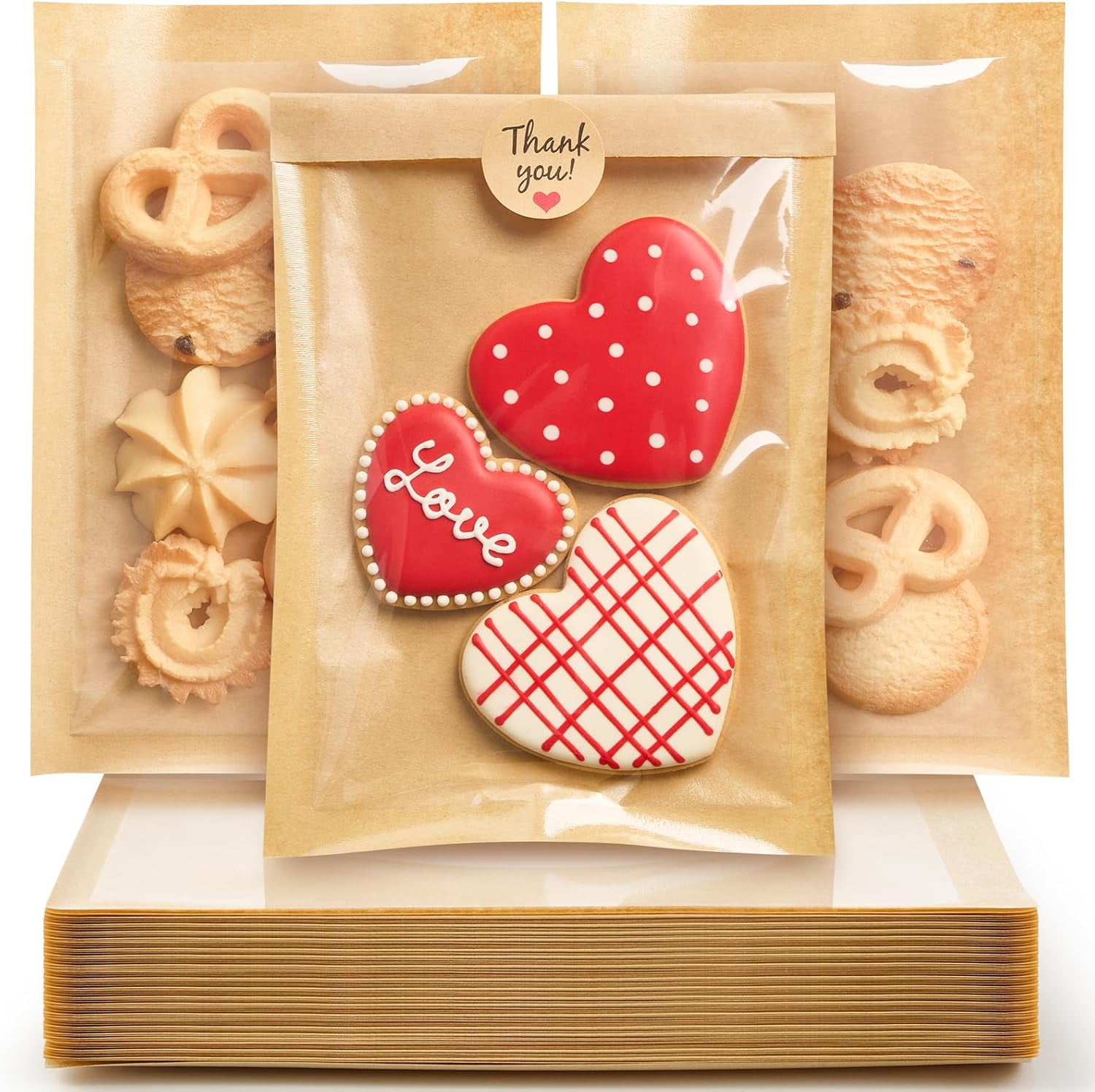 ZORRITA 200 Pack Heat-Sealable Cookie Bags With Clear Window, 5.1x7.5 Inch Kraft Paper Bakery Bags, Grease Resistant