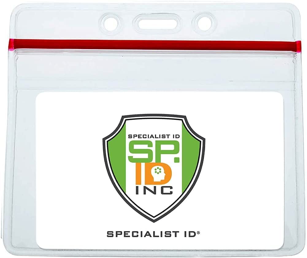 100 Pack - Heavy Duty Badge Holder Horizontal with Resealable Zip Top - Clear Plastic Waterproof i’d Card Protector - Top Load Pouch w/ Lock Zipper Closure for Office & Nurses by Specialist ID