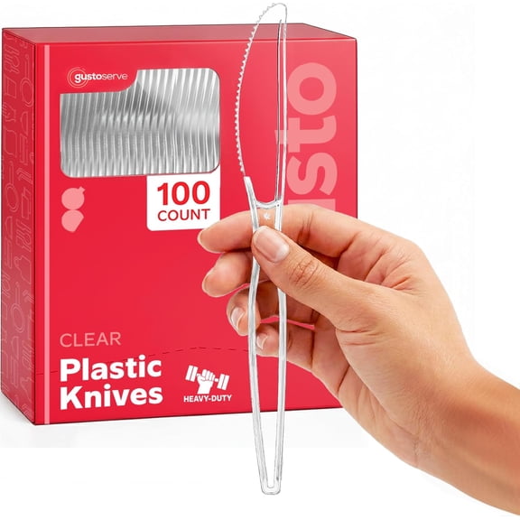 [100 Pack] Heavy Duty Disposable Clear Plastic Knives - for Parties, Events, and Everyday Use (Formerly Comfy Package)