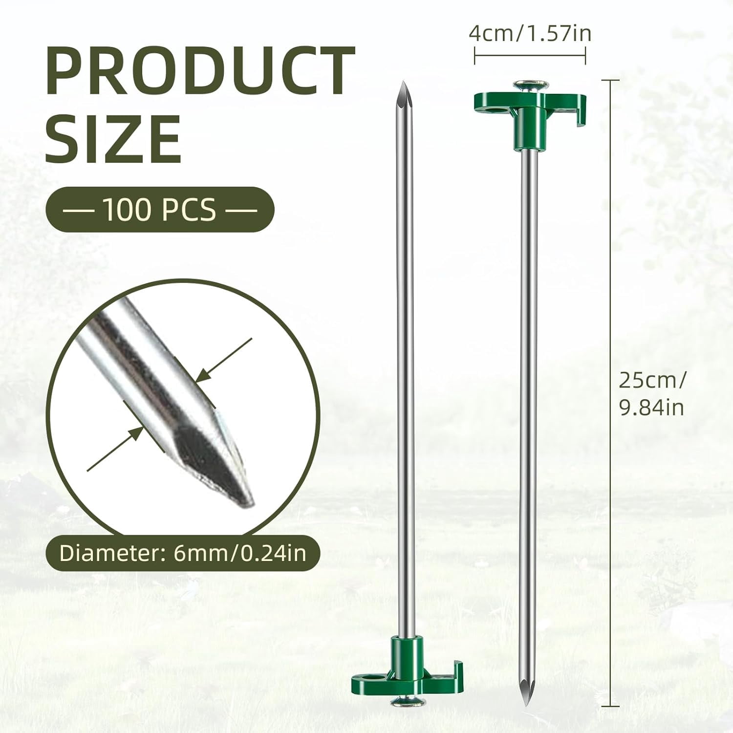 100 Pack Heavy Duty Metal Tent Stakes 10 Inch Green Camping Pegs for Ground Anchor Spikes