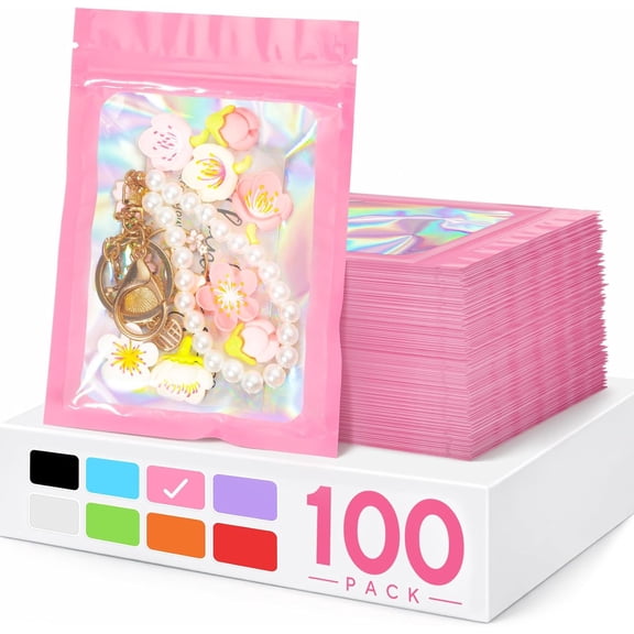 100 Pack Holographic Mylar Bags, Small Packaging Bags with Clear Window, Resealable Bag for Small Business, Candy Jewelry Sample Packaging (Pink, 2.4 x 3.9 Inch)