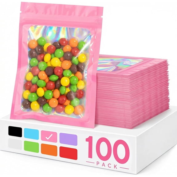 100 Pack Holographic Mylar Bags, Smell Proof Sealable Packaging Bags with Clear Window for Small Business, Resealable Zip Bag for Candy Treat Jewelry Goodie Sample & Gifts (Pink, 2.4 x 3.9 in)