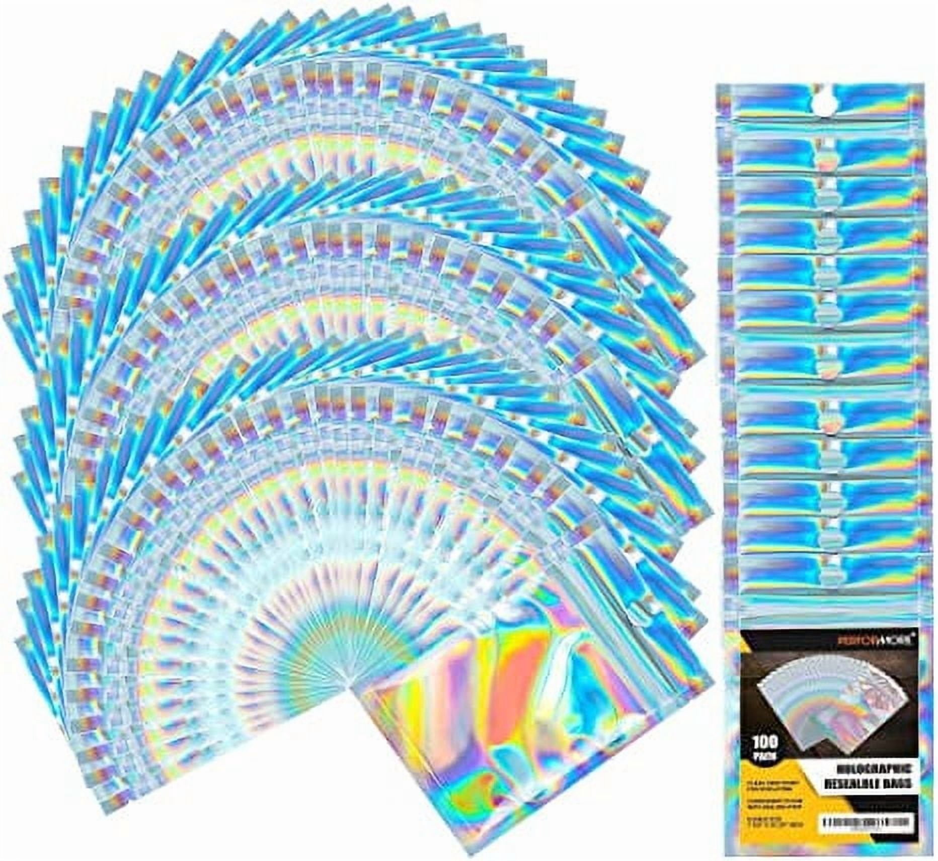 100 Pack of Holographic Resealable Food Bags, 7 x 10 Resealable Smell Proof Mylar Bags, Clear Front Window with Aluminum Foil Back, Waterproof Pouch Ziplock Bags for Food Storage and Packaging
