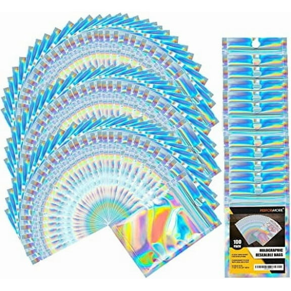 100 Pack of Holographic Resealable Food Bags, 7 x 10 Resealable Smell Proof Mylar Bags, Clear Front Window with Aluminum Foil Back, Waterproof Pouch Ziplock Bags for Food Storage and Packaging