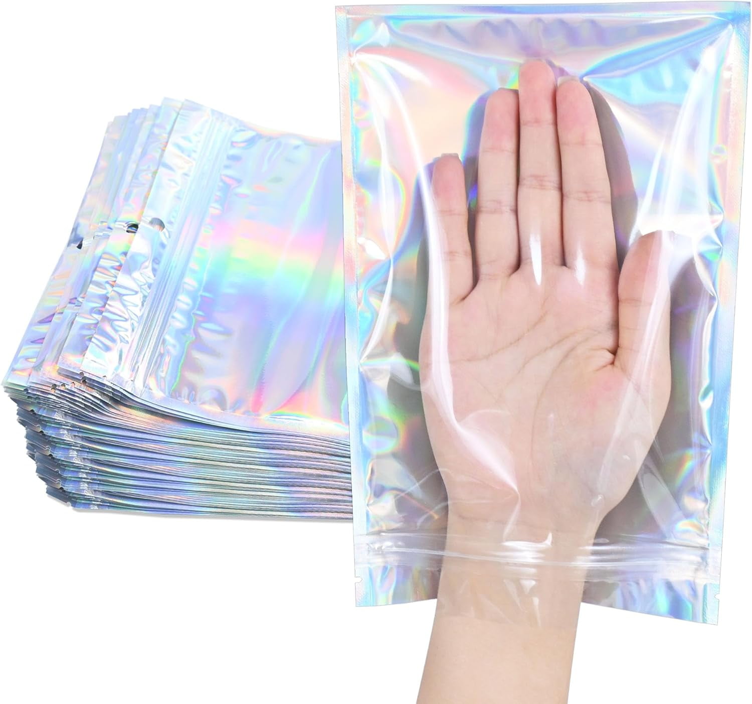 100 Pack Holographic Resealable Plastic Bags for Food Storage, Zipper ...