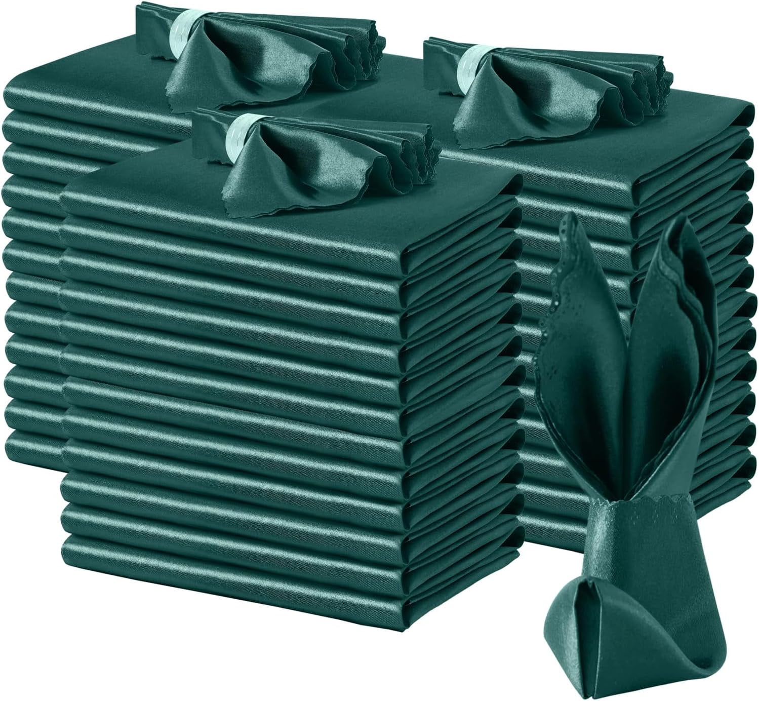 100 Pack Hunter Green Satin Napkins 17x17 Inch Wedding Napkins, Scalloped Elegant Dinner Napkins Square Table Napkins Decor, Silky Satin Cloth Napkins for Restaurant Banquet Graduation Party