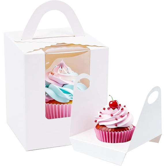 100 Pack Individual Cupcake Boxes, Single Cupcake Containers with Window, Inserts and Handle, White Cupcake Boxes for Muffins, Cupcakes, Donuts, 3.6 x 3.6 x 4.3 Inch
