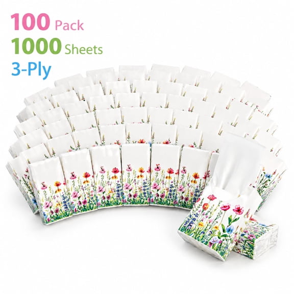 100 Pack Individually Wrapped Mini Pocket Tissues, 3-Ply Soft Facial Tissue Travel Packs with Wildflower Pattern, Compact Purse Size for Parties, Picnics, Commutes, Lunch Bags & Everyday Carry