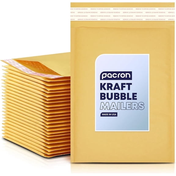 Pacron Kraft Bubble Mailers, 7.25x12 Inch 100-Pack - Lightweight & Durable Padded Shipping Envelopes for Clothing, Electronics & Small Accessories