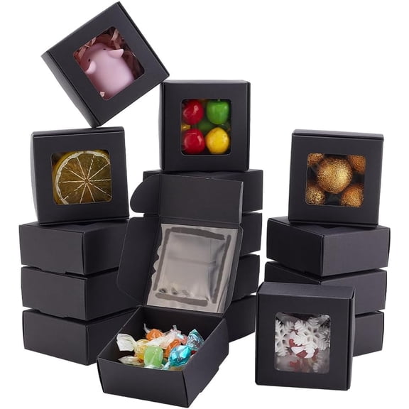 100-Pack Kraft Gift Boxes with Clear Window - 2.5x2.5x1.2 Inch Black Packaging Box for Weddings Birthdays Party Favors for DIY