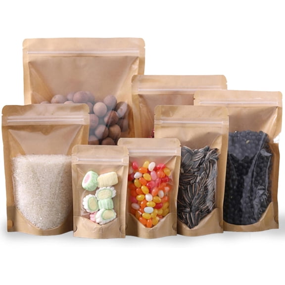 100 Pack Kraft Resealable Bags with Clear Front Stand Up Brown Kraft Bags with Window Transparent Bulk Pouches Ziplock Paper Bags 3.5"x5.5"