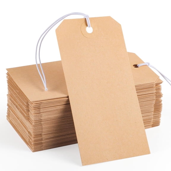 100-Pack Large Brown Paper Shipping Tags with Elastic Rope - 4.76"×2.36" Writable Hanging Tags with Reinforced Hole for Inventory, Gifts & Price Marking