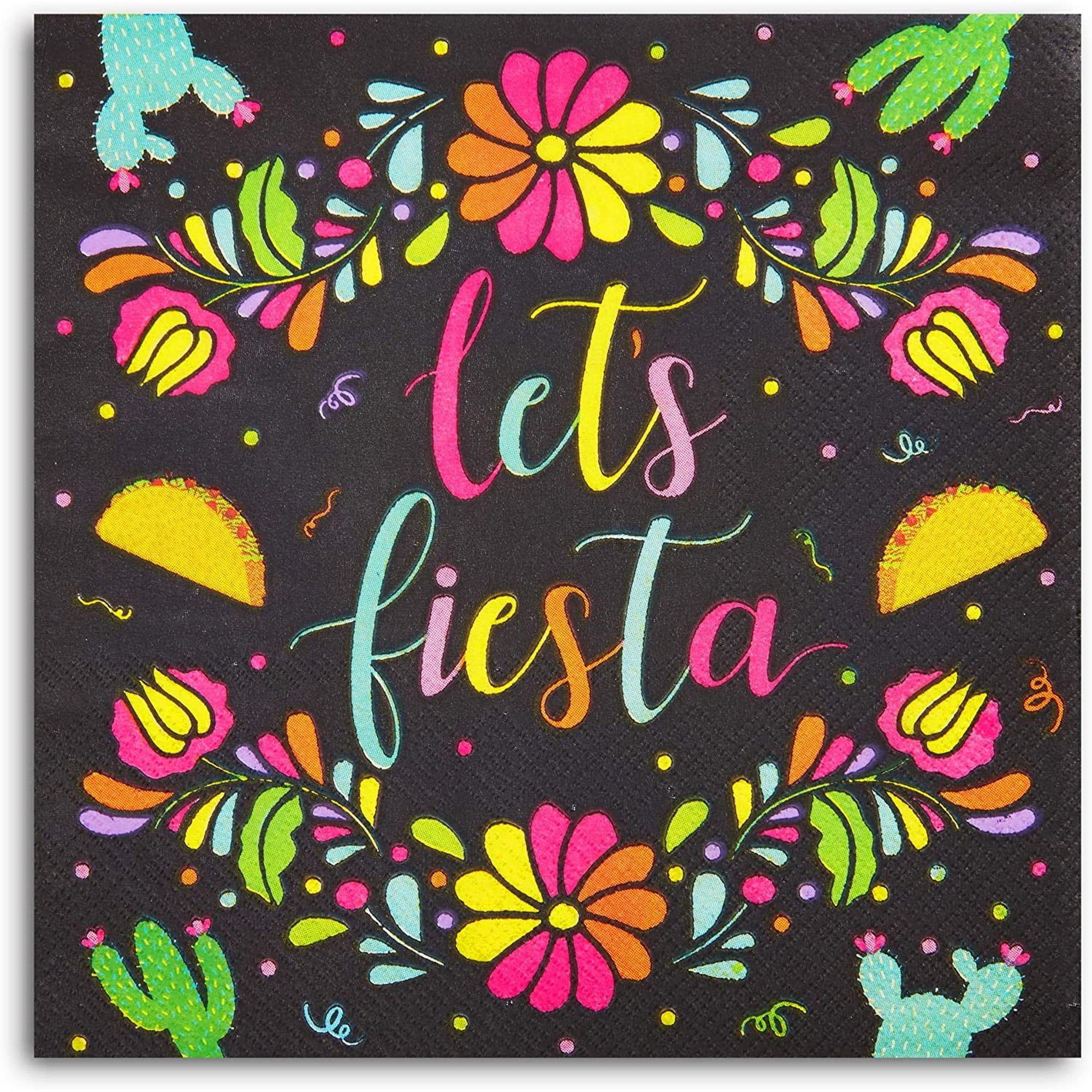 SPARKLE AND BASH 100 Pack Let's Fiesta Party Napkins for Kids Birthday, Cinco de Mayo Decorations (Black, 6.5 In)