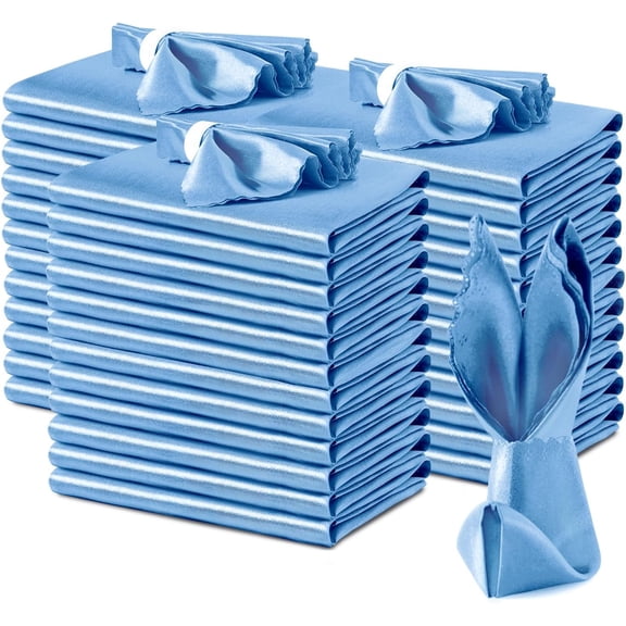 100 Pack Light Blue Satin Scalloped Square Napkins, 17x17 Inch, Wedding & Party Napkins, Polyester