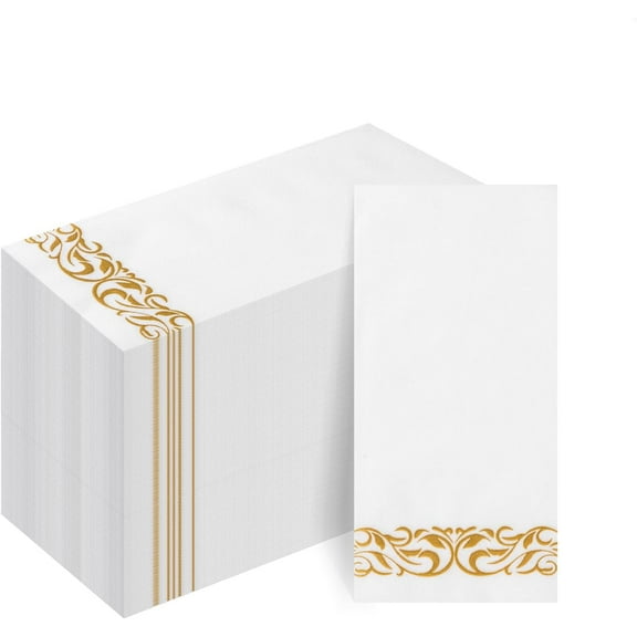 100-Pack Linen-Feel Disposable Guest Towels – Soft and Absorbent Paper Hand Towels for Bathroom or Kitchen – Elegant White Napkins with Gold Design for Parties, Weddings, Dinners Events
