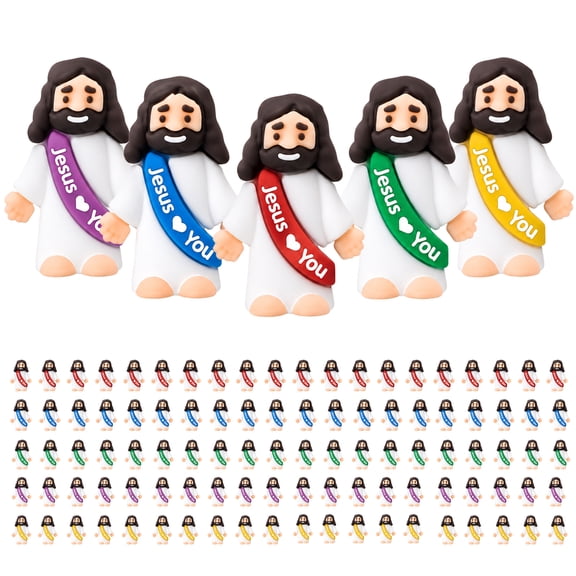 100 Pack Little Jesus Figures Mini Jesus Jesus Loves You Rubber Figures in 5 Colors, Religious Party Favors for Easter, VBS, Sunday School, Baptism, Church Events and Gifts