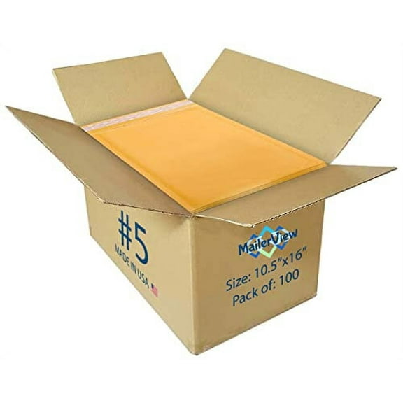 100 Pack Made In USA Kraft Bubble Mailers Number #5 10.5x16 Inches Shipping Padded Envelopes With Self Seal Tape Case of 100 Pack