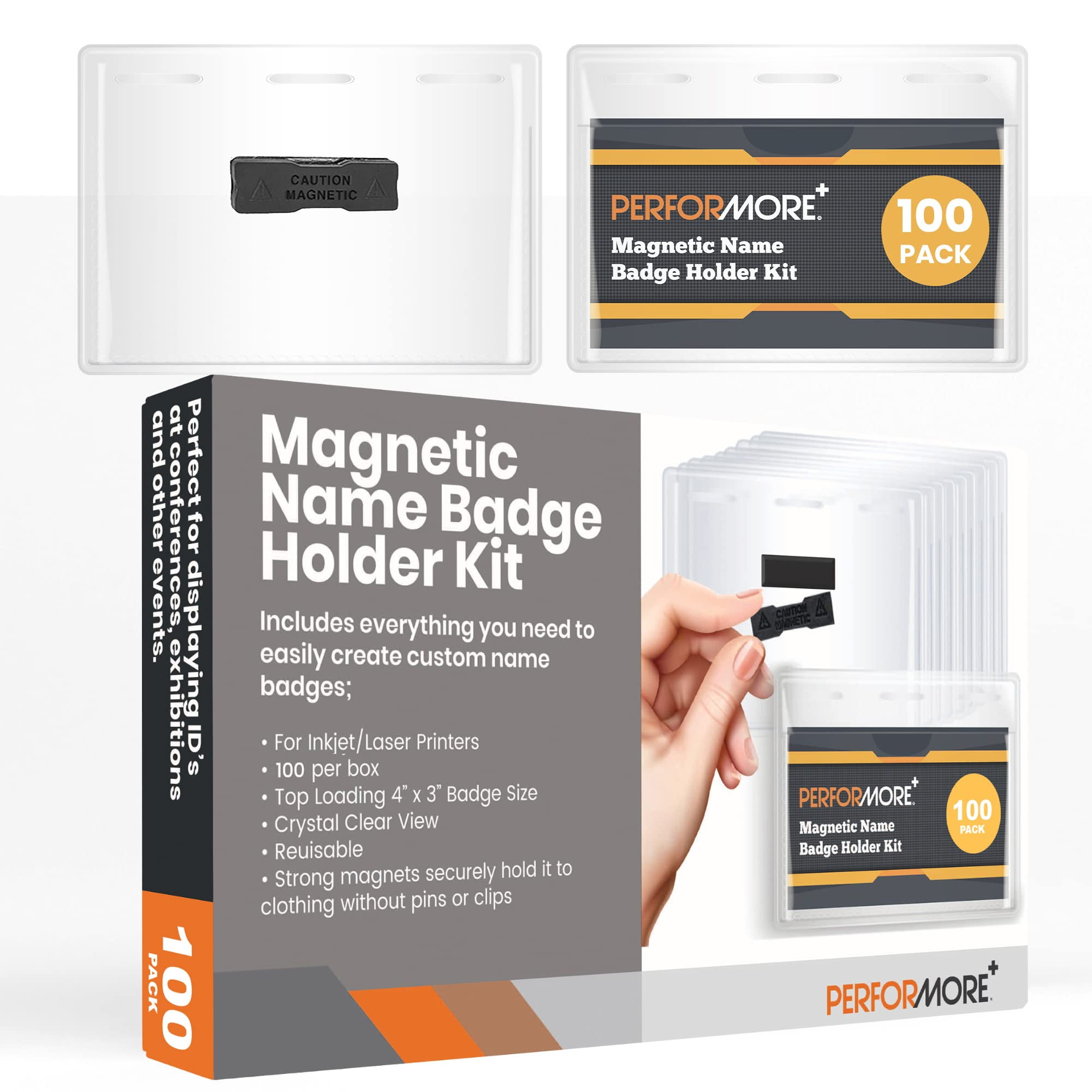 100 Pack of Magnetic Name Badge Holder Kit, 4” x 3” Horizontal ID