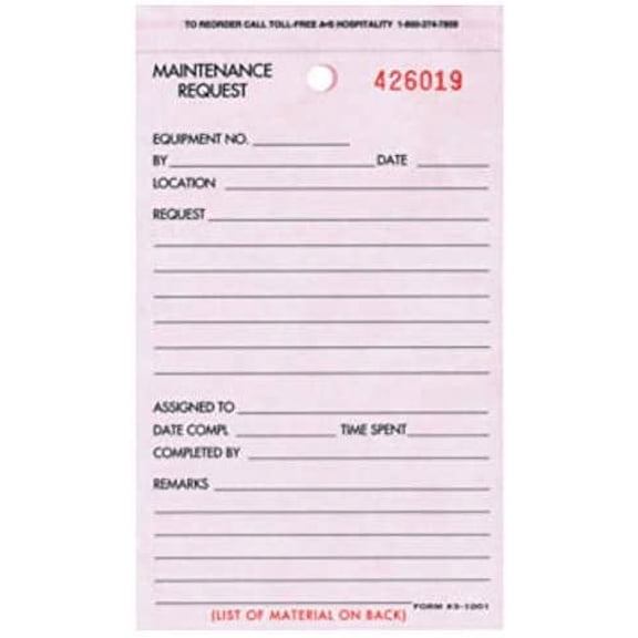 100 Pack Maintenance Request - White - Triplicate