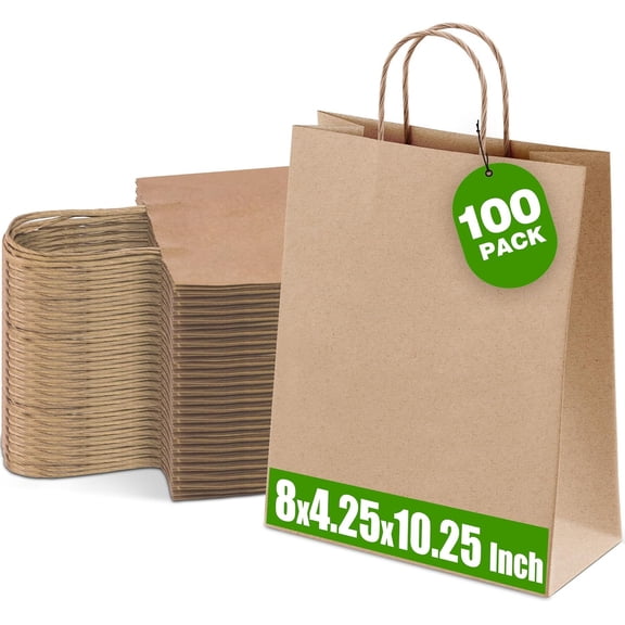 100 Pack Medium Brown Kraft Paper Gift Bags 8x4.25x10.25 Inch with Handles