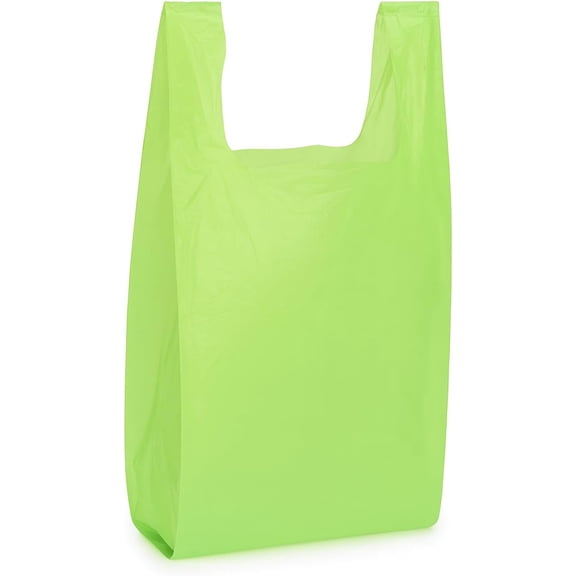 100-Pack Medium Lime Print Plastic T-Shirt Bags – 11.5 × 6 × 21 Inch Bright Lime Green HDPE Disposable Retail Checkout – Durable Grocery, Boutique, Takeout & Convenience Store Carryout Packaging