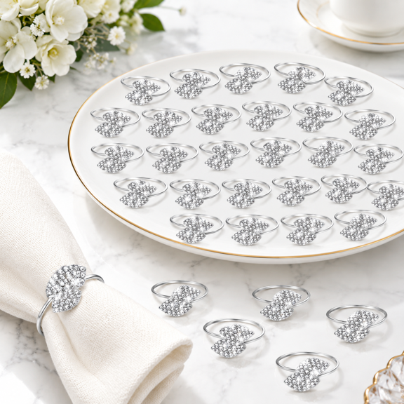 100 Pack Metal Rhinestone Double Leaf Napkin Rings for Table Settings