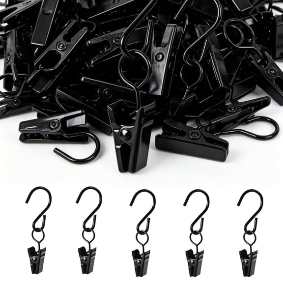100 Pack - Metal S Hook Clips - Curtain Hanger Clips with Clamps, String Light Hanging Clips, Photos Decoration Indoor Outdoor Use, Black, Ccwuwei