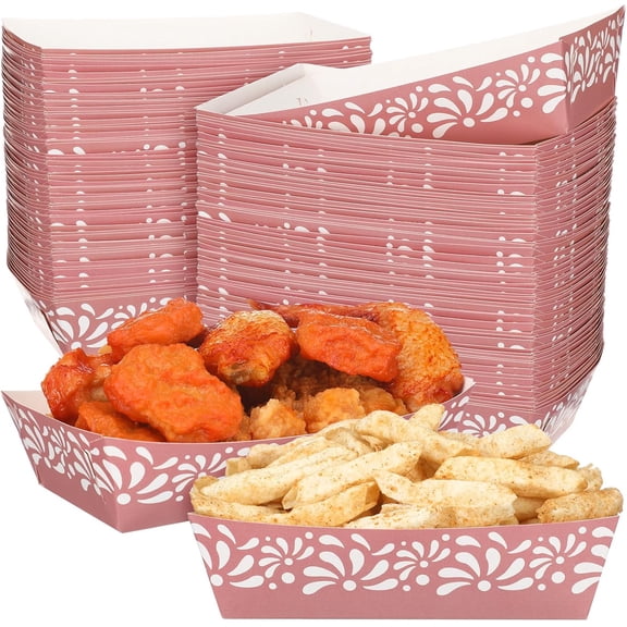 100 Pack Mexican Snack Trays Disposable Nacho Boats, 7.09 x 6.1 x 2.36 Inch Fiesta Party Supplies Platos De Barro Paper Food Trays for Cinco De Mayo Tacos Popcorn Birthday Wedding (Pink Flower)