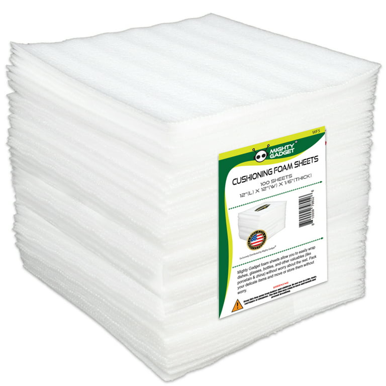 100 Pack Mighty Gadget Brand Cushioning Foam Wrap Sheets 12 x 12, 1/16  Thickness. Perfect for Packing, Moving, Storing Fragile items