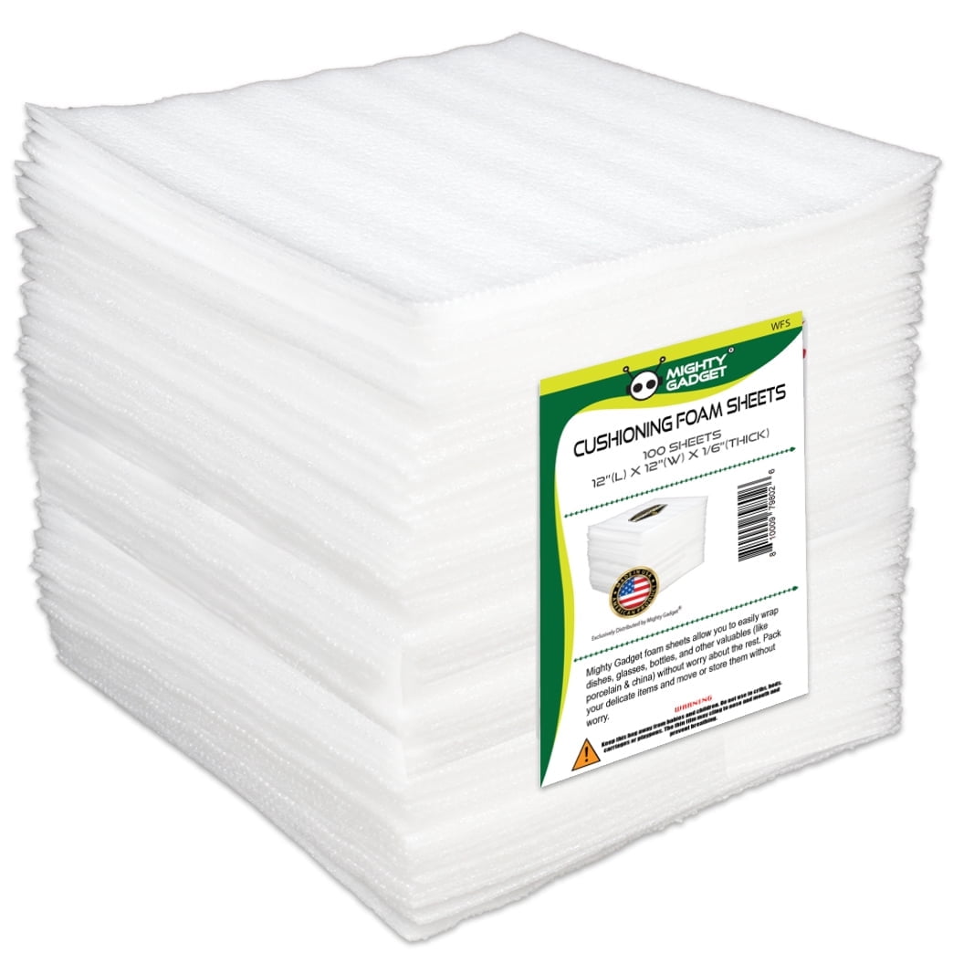 "Mighty Gadget Cushioning Foam Wrap Sheets, 12"" x 12"", 1/16"" Thickness, 100 Pack"