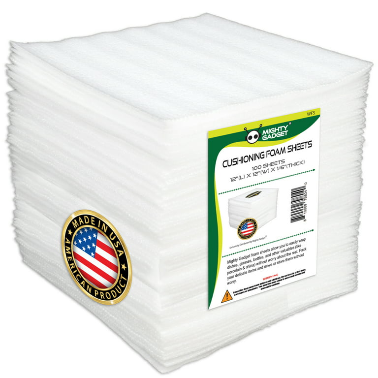 100 Pack Mighty Gadget Brand Foam Wrap Sheets Shipping Supplies for Fragile  Items Protection 12x12x1/16 