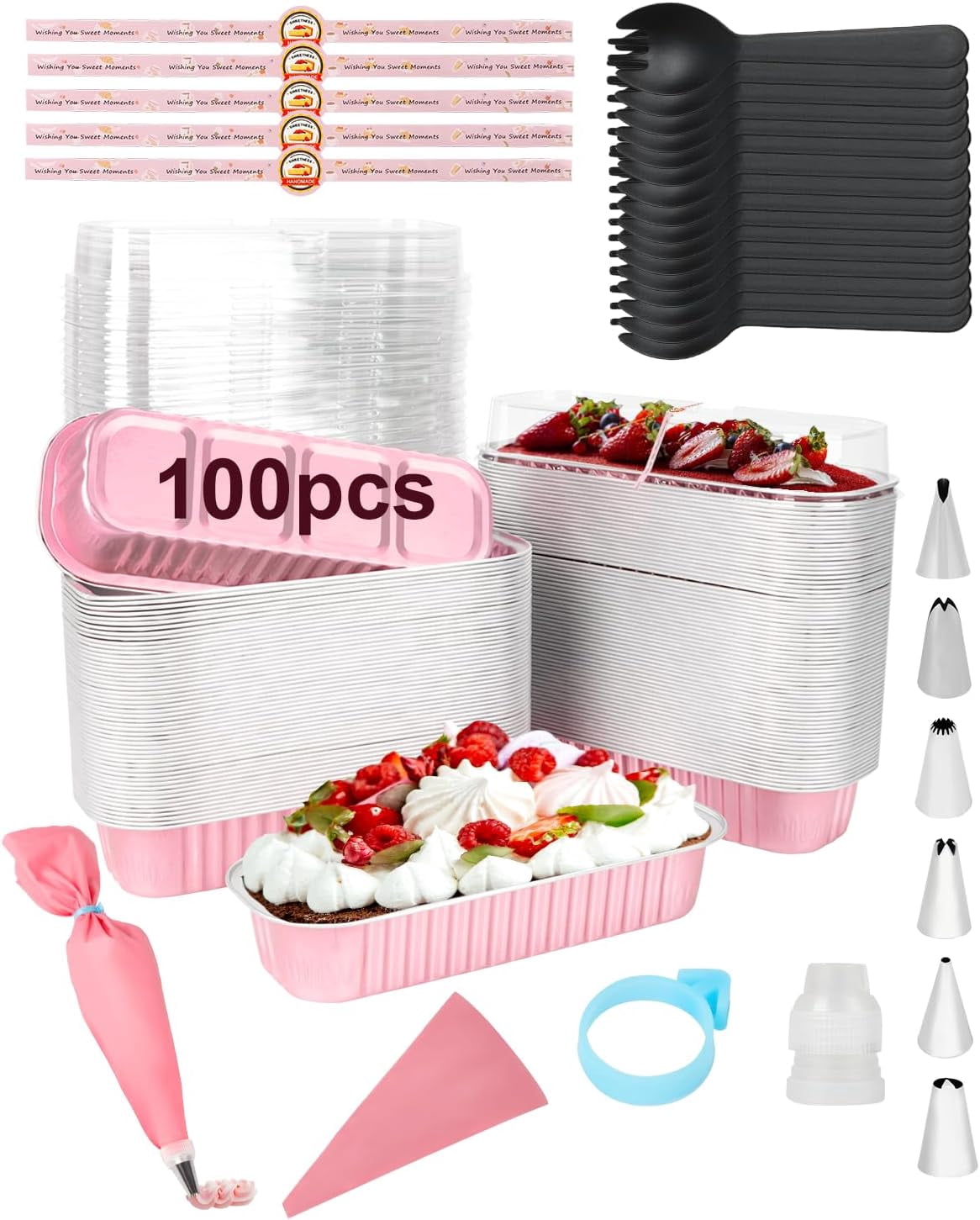 100 Pack Mini Cake Pans with Lids Spoons & 1 Piping Bag and Tips Set ...