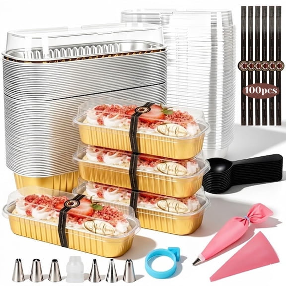 100 Pack Mini Cake Pans Set with Lids, Spoons, Piping Bag and Tips