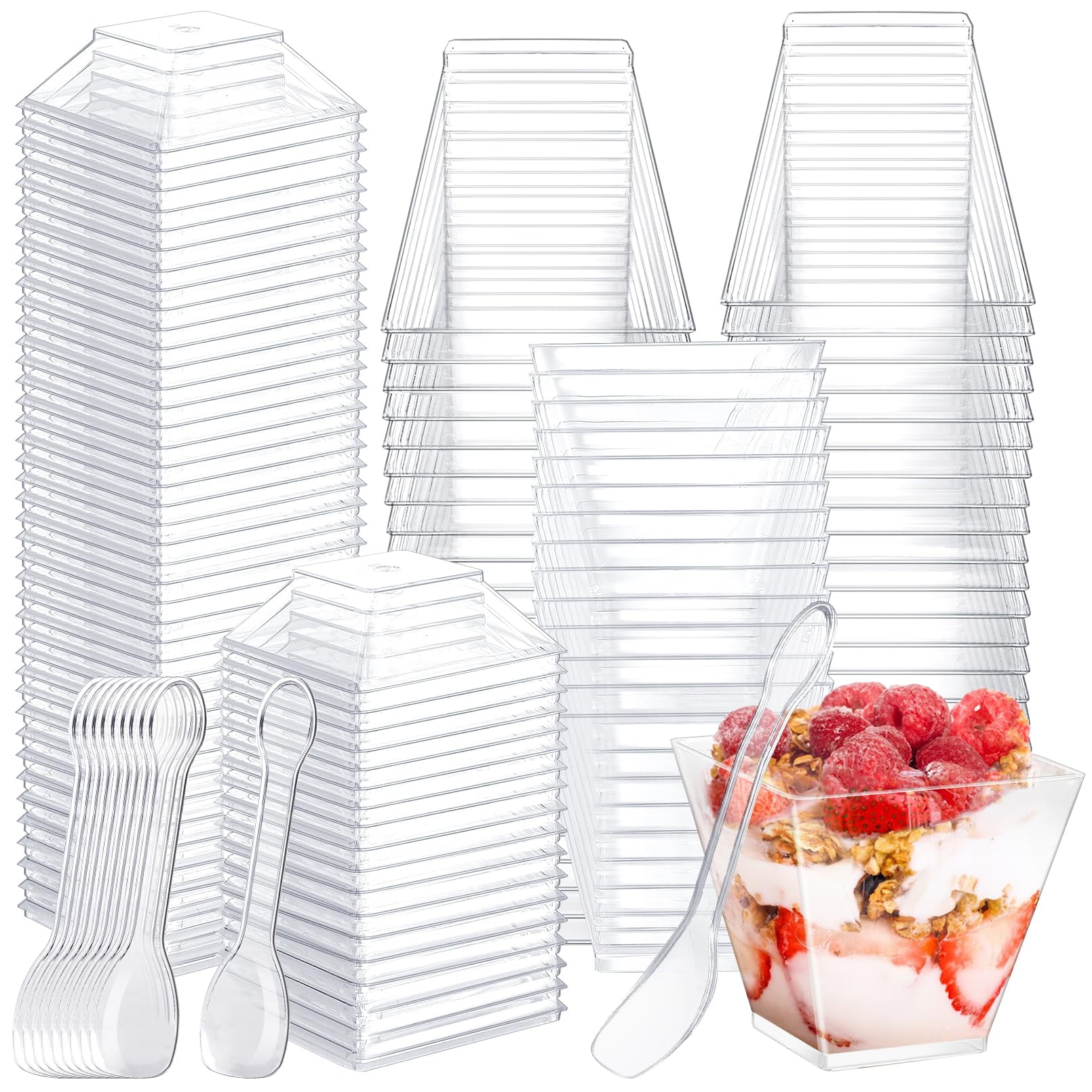 100 Pack Mini Dessert Cups with Lids and Spoons,2 oz Clear Plastic Parfait Appetizer Cup,Square