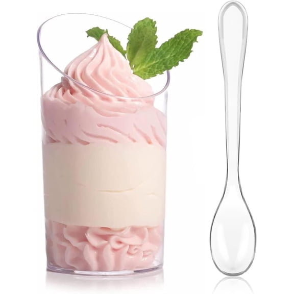 100 Pack Mini Dessert Cups with Spoons, 2.2 oz Plastic Small Dessert Shotter Cups Slanted Appetizer Cups for Serving Mousse Pudding Triffle