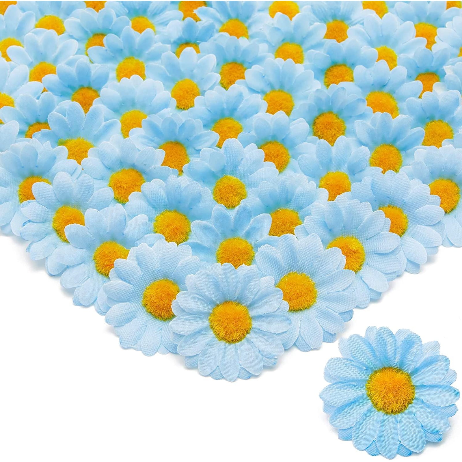 100 Pack Mini Light Blue Artificial Flower Heads, Fake Silk Daisy