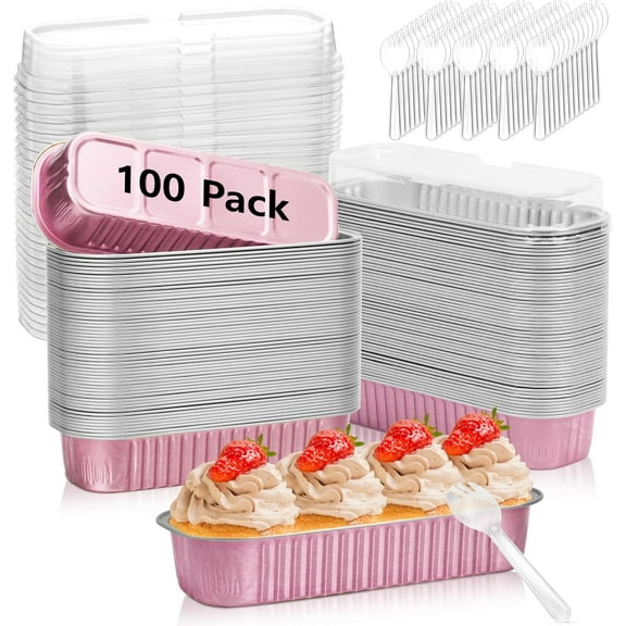 100 Pack Mini Loaf Cake Pan with Lids and Spoons Disposable Aluminum Tin Foil Pans Rectangle Mini Loaf Pans with Lids for Baking,Party,Picnics,Holidays (Pink)