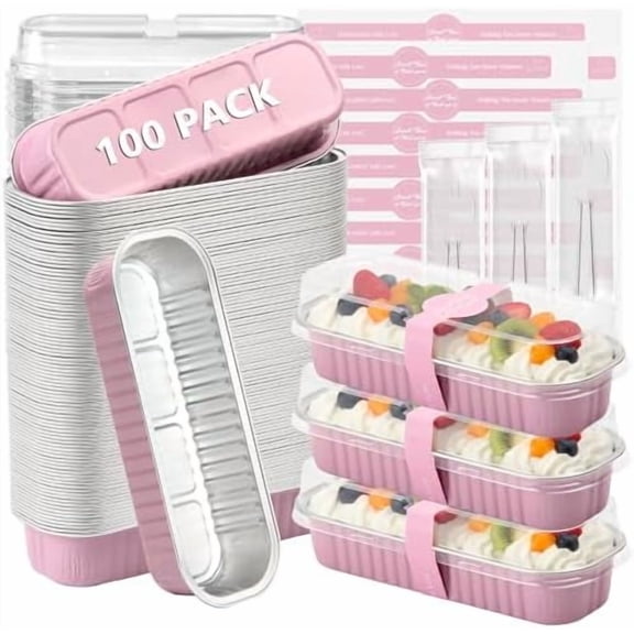 100 Pack Mini Loaf Cake Pan with Lids and Spoons Disposable Aluminum Tin Foil Pans Rectangle Mini Loaf Pans with Lids for Baking,Party,Picnics,Holidays (Pink)